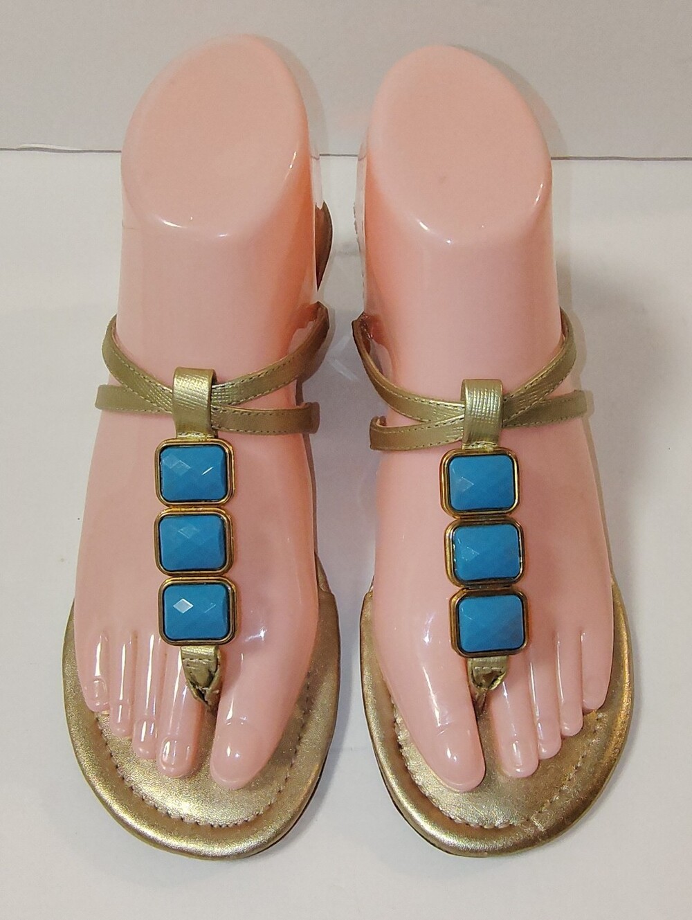 Lilly Pullitzer T-Strap Leather Embellished Gemstones Wedge Thong Sandal Gold